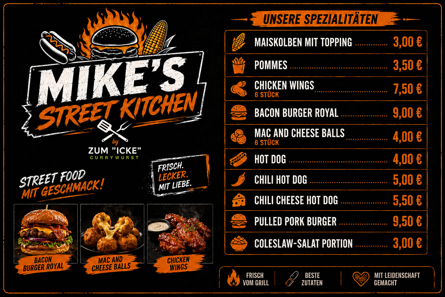 Speisekarte von Mike’s Street Kitchen mit Burgern, Chicken Wings, Hot Dogs und Streetfood-Specials