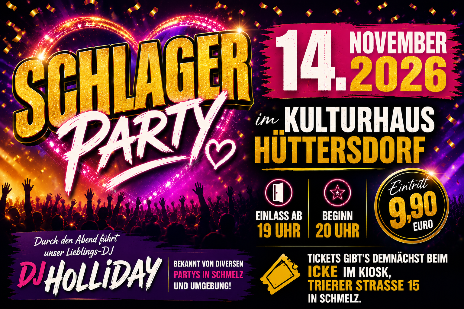 Plakat zur Schlagerparty im Kulturhaus Hüttersdorf